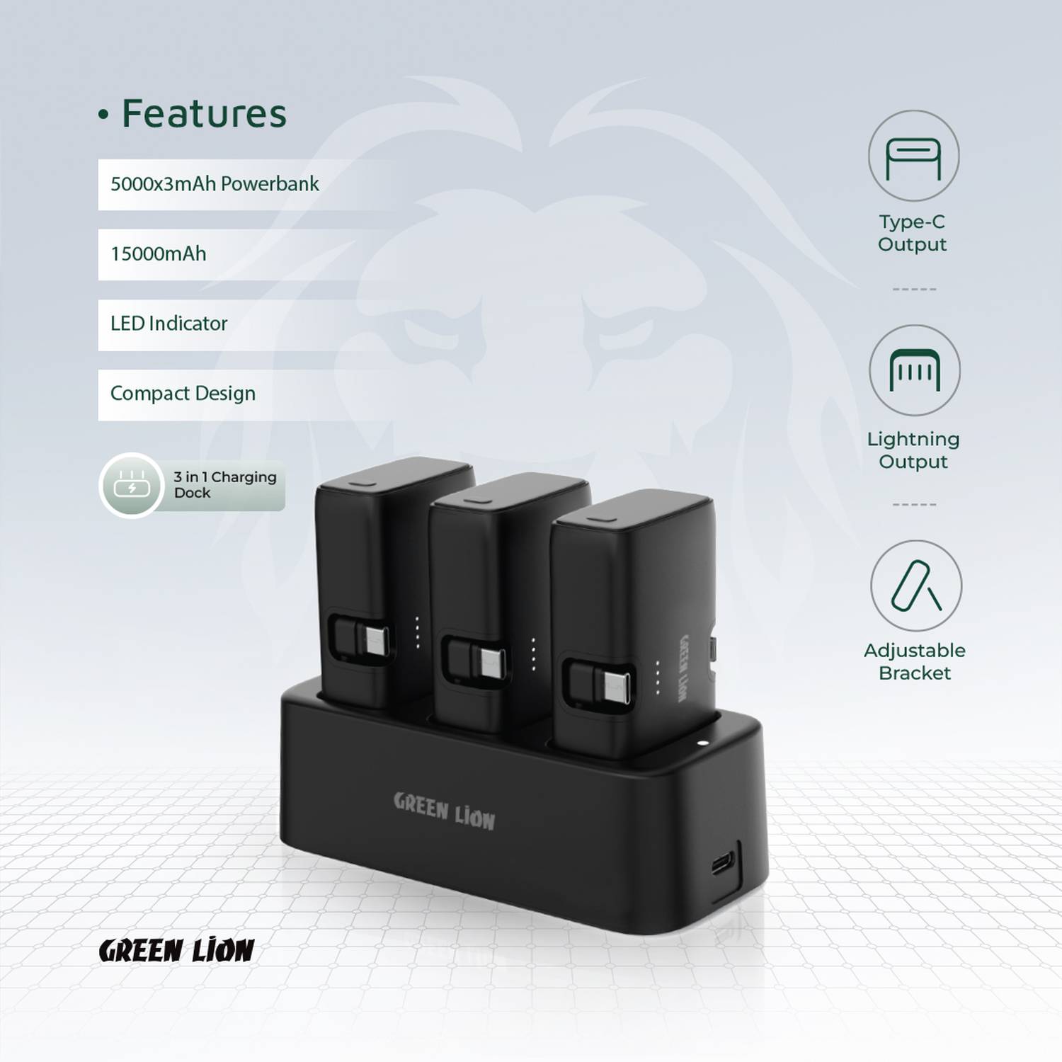 Green Lion 3 in 1 Power Bank Station, 5000mAh, LED Indicator, ABS Fireproof Material, Type-C & Lightning Integrated Cables - Black - Image 2