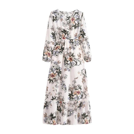 Women's Spring Summer Floral Print Dress Round Neck Long Sleeve Maxi Party Dresses