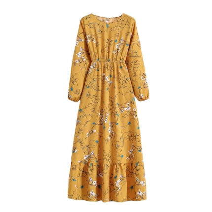 Women's Spring Summer Floral Print Dress Round Neck Long Sleeve Maxi Party Dresses