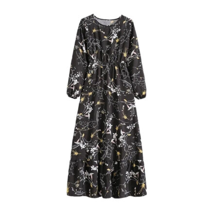 Women's Spring Summer Floral Print Dress Round Neck Long Sleeve Maxi Party Dresses