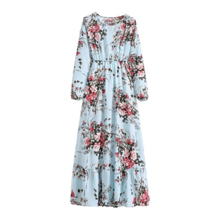 Women's Spring Summer Floral Print Dress Round Neck Long Sleeve Maxi Party Dresses