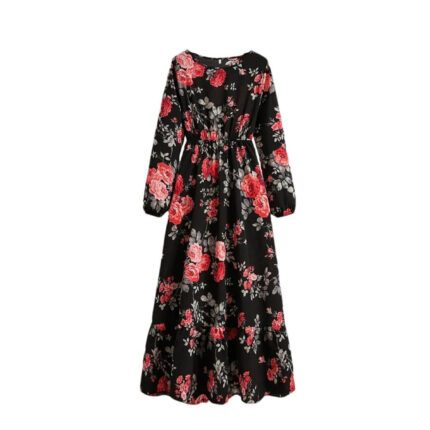 Women's Spring Summer Floral Print Dress Round Neck Long Sleeve Maxi Party Dresses
