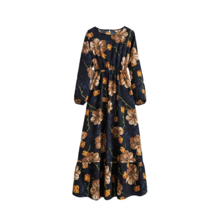 Women's Spring Summer Floral Print Dress Round Neck Long Sleeve Maxi Party Dresses