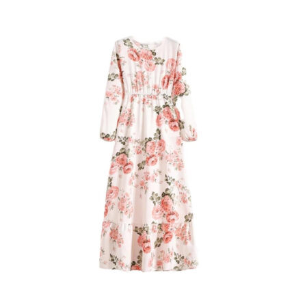 Women's Spring Summer Floral Print Dress Round Neck Long Sleeve Maxi Party Dresses