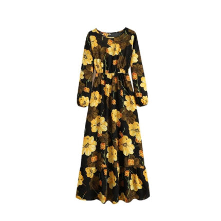 Women's Spring Summer Floral Print Dress Round Neck Long Sleeve Maxi Party Dresses
