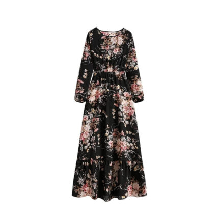 Women's Spring Summer Floral Print Dress Round Neck Long Sleeve Maxi Party Dresses