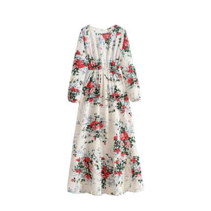 Women's Spring Summer Floral Print Dress Round Neck Long Sleeve Maxi Party Dresses