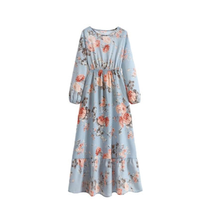 Women's Spring Summer Floral Print Dress Round Neck Long Sleeve Maxi Party Dresses