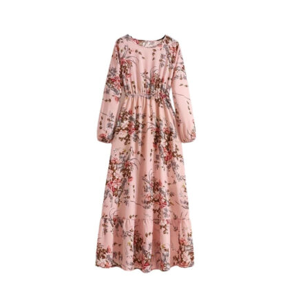 Women's Spring Summer Floral Print Dress Round Neck Long Sleeve Maxi Party Dresses