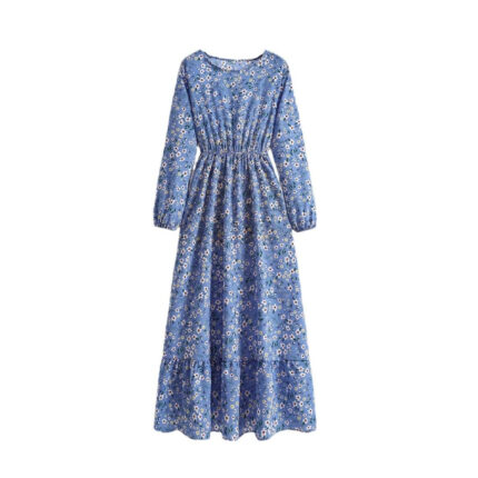 Women's Spring Summer Floral Print Dress Round Neck Long Sleeve Maxi Party Dresses