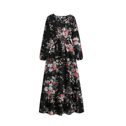 Women's Spring Summer Floral Print Dress Round Neck Long Sleeve Maxi Party Dresses