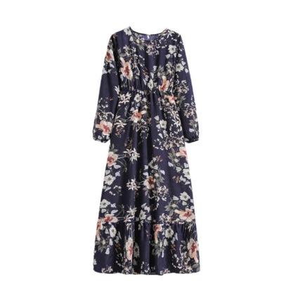 Women's Spring Summer Floral Print Dress Round Neck Long Sleeve Maxi Party Dresses