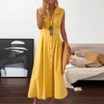 Adhdyuud Women's Casual Loose Sleeveless Lapel Shirt Dress Solid V-Neck Single Breasted Office Dresses -yellow