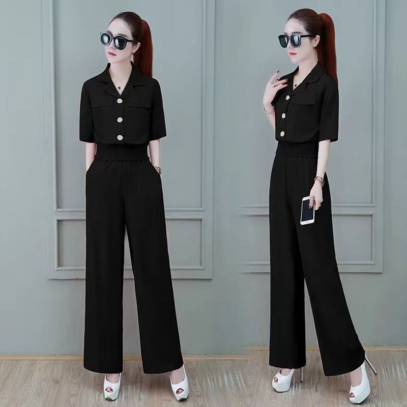 Elegant Summer New Modern Professional Suit Slimming Cropped Top Wide Leg Straight Leg Pants 2 Piece Set Women Fashion