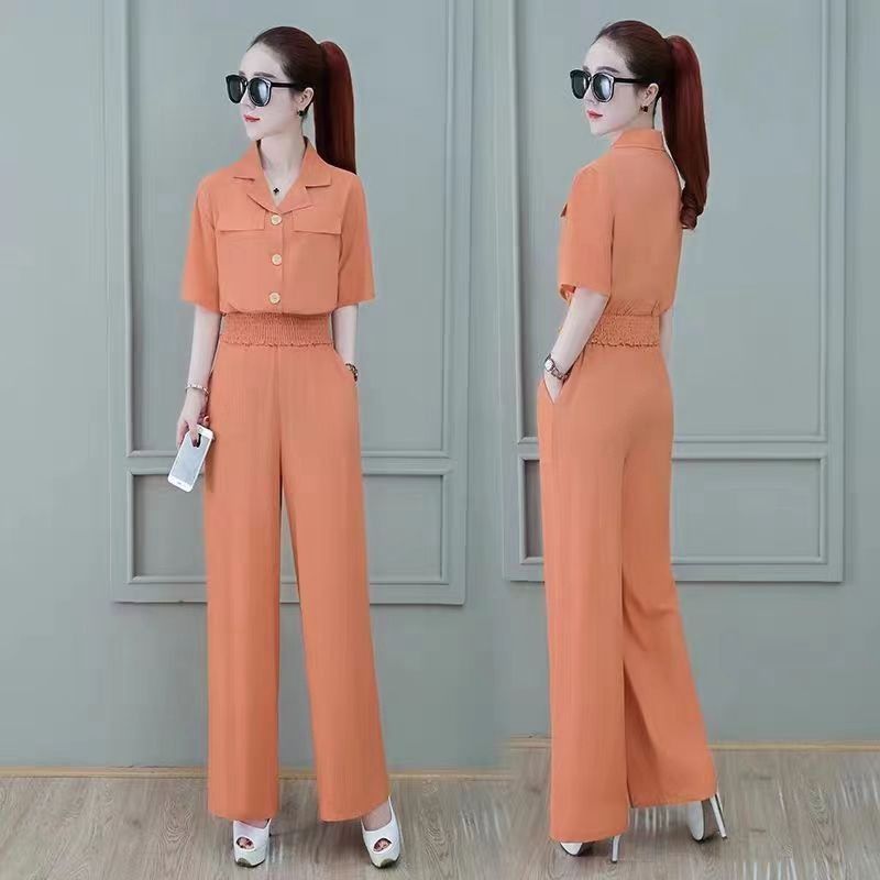 Elegant Summer New Modern Professional Suit Slimming Cropped Top Wide Leg Straight Leg Pants 2 Piece Set Women Fashion
