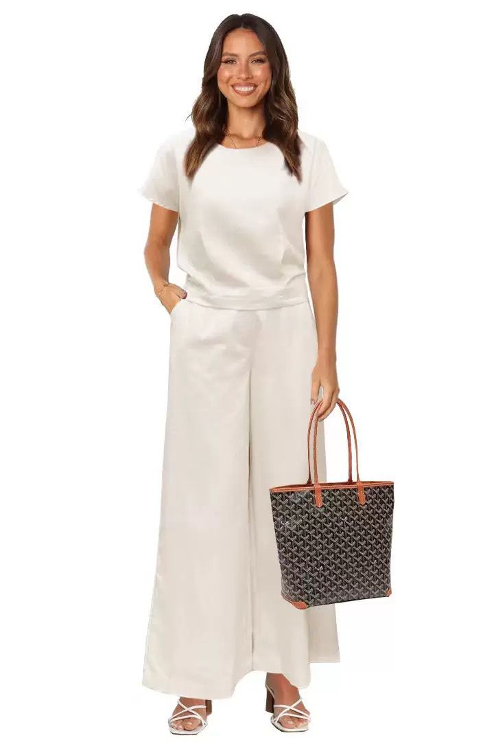 Women's 2 Piece Outfits Short Sleeve T-Shirts Loose Wide Leg Pants Casual Work Beach Travel Comfy Loungewear Suit - White