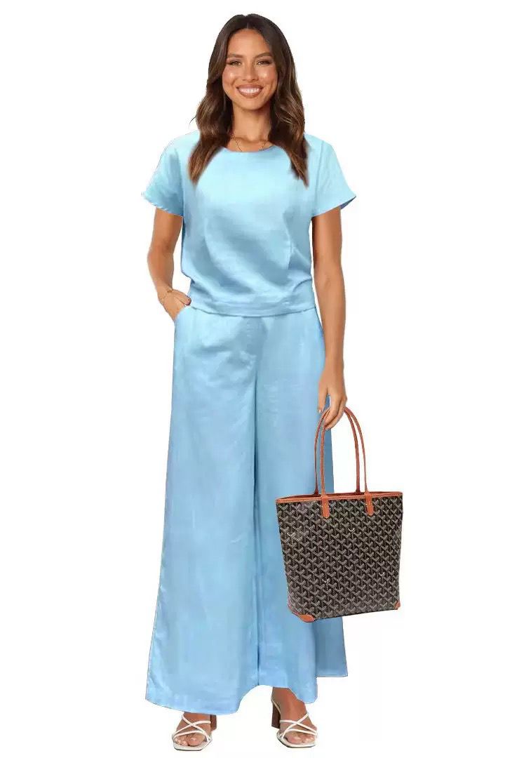 Women's 2 Piece Outfits Short Sleeve T-Shirts Loose Wide Leg Pants Casual Work Beach Travel Comfy Loungewear Suit - Sky Blue