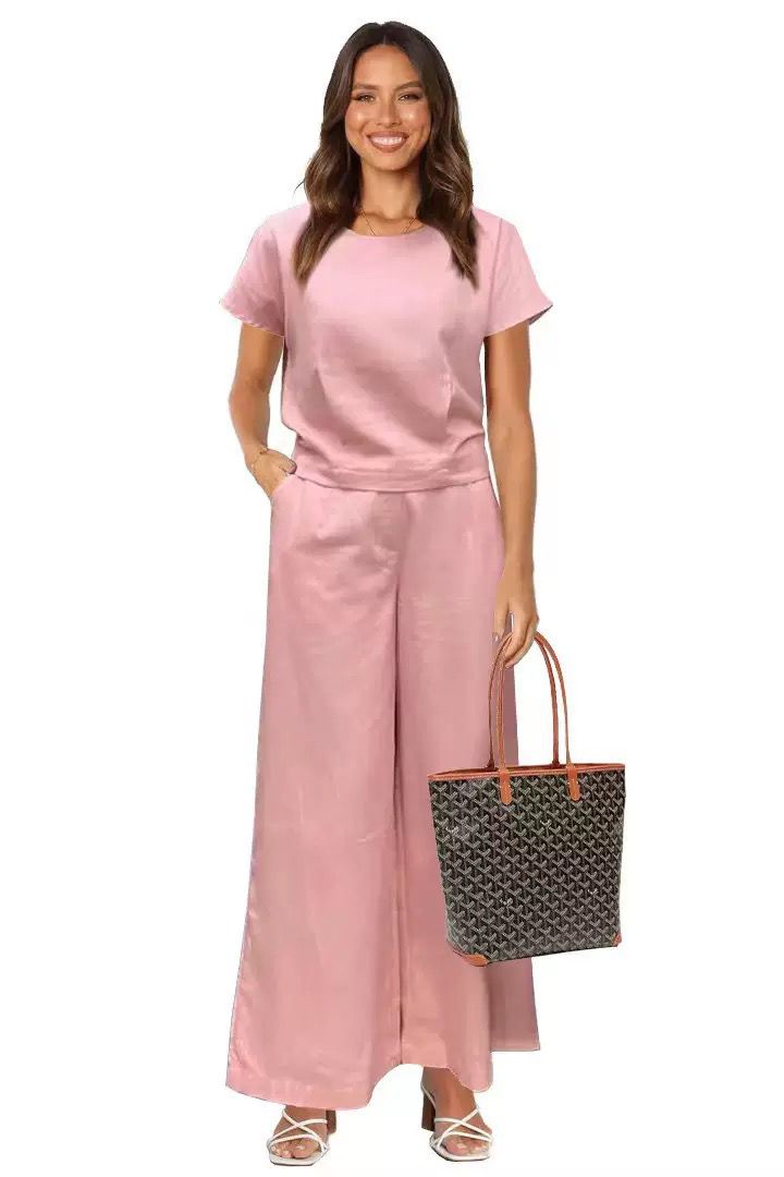 Women's 2 Piece Outfits Short Sleeve T-Shirts Loose Wide Leg Pants Casual Work Beach Travel Comfy Loungewear Suit - Pink