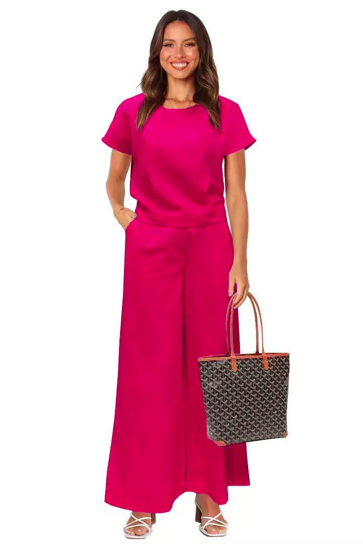Women's 2 Piece Outfits Short Sleeve T-Shirts Loose Wide Leg Pants Casual Work Beach Travel Comfy Loungewear Suit - Red