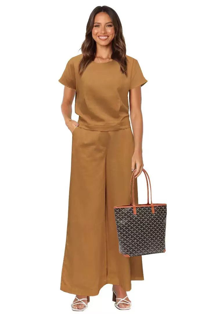 Women's 2 Piece Outfits Short Sleeve T-Shirts Loose Wide Leg Pants Casual Work Beach Travel Comfy Loungewear Suit - Brown