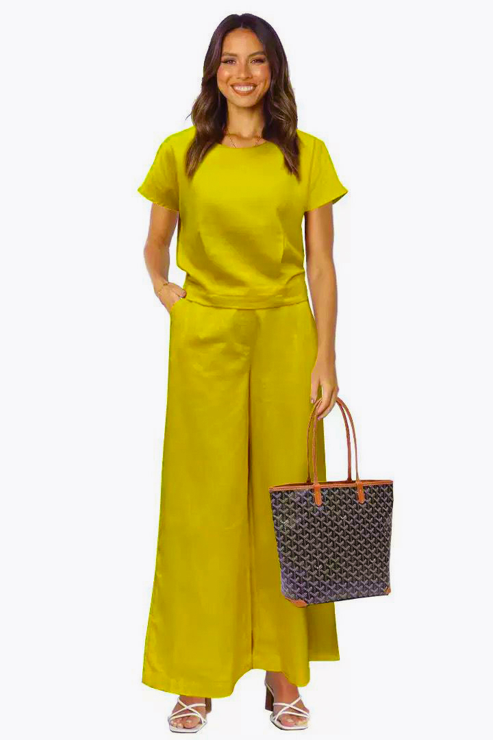 Women's 2 Piece Outfits Short Sleeve T-Shirts Loose Wide Leg Pants Casual Work Beach Travel Comfy Loungewear Suit - Army Green