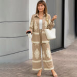 2pcs Elegant Special Set for Women with Random Print Front Button Long Sleeve Top and Pants Casual Suit -  Khaki