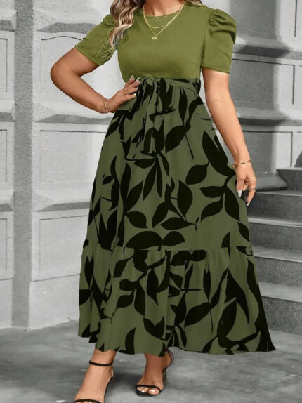 Women's Elegant A-Line Dress with Directional Print & Adjustable Waist Belt - Round Neck, Machine Washable - Green