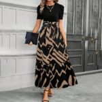 Women's Elegant A-Line Dress with Directional Print & Adjustable Waist Belt - Round Neck, Machine Washable - Plaid Coffee