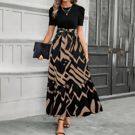 Women's Elegant A-Line Dress with Directional Print & Adjustable Waist Belt - Round Neck, Machine Washable - Plaid Coffee