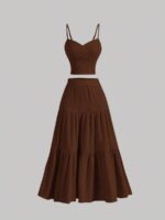 Women Summer Casual Solid Color Ribbed Fitted Camisole Top And Ruffle Hem A-Line Skirt Set -Brown