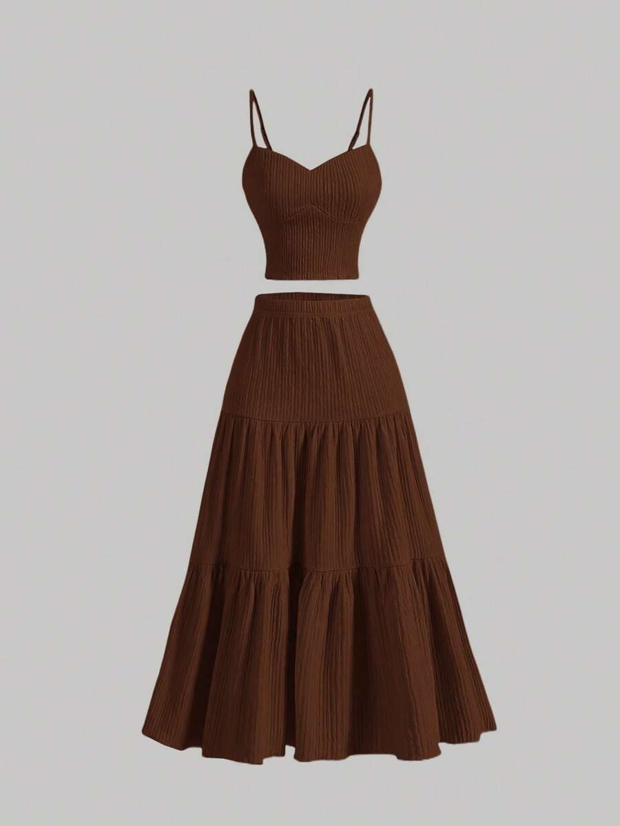 Women Summer Casual Solid Color Ribbed Fitted Camisole Top And Ruffle Hem A-Line Skirt Set -Brown Women Summer Casual Solid Color Ribbed Fitted Camisole Top And Ruffle Hem A-Line Skirt Set -Brown