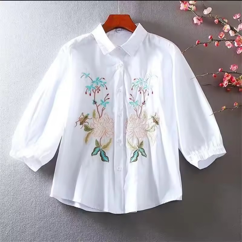 Butterfly Embroidered Lapel Neck Blouse, YOUNG Button Front Long Sleeve Blouse For Spring & Summer, Women's Clothing -WHITE