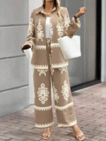2pcs Elegant Special Set for Women with Random Print Front Button Long Sleeve Top and Pants Casual Suit - Khaki