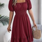 Women's Plain Square Neck Short Sleeve Flare Peplum Dress, High Waist Elegant Casual Dress - crimson
