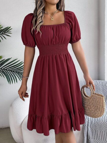 Women's Plain Square Neck Short Sleeve Flare Peplum Dress, High Waist Elegant Casual Dress - crimson