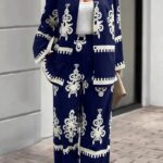 2pcs Elegant Special Set for Women with Random Print Front Button Long Sleeve Top and Pants Casual Suit - Navy blue