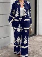 2pcs Elegant Special Set for Women with Random Print Front Button Long Sleeve Top and Pants Casual Suit - Navy blue