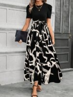 Women's Elegant A-Line Dress with Directional Print & Adjustable Waist Belt - Round Neck, Machine Washable -Black and White