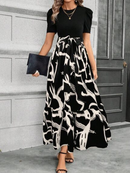 Women's Elegant A-Line Dress with Directional Print & Adjustable Waist Belt - Round Neck, Machine Washable -Black and White