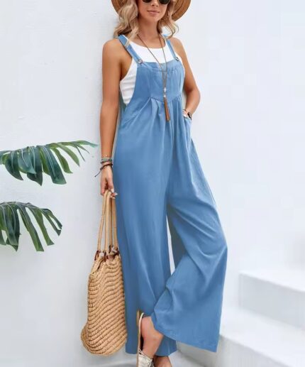 Women’s Light Blue Wide Leg Linen Cotton Jumpsuit – Buy Online in Qatar