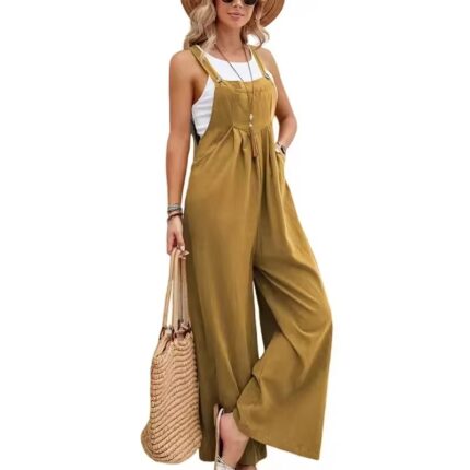 Women’s Brown Wide Leg Linen Cotton Jumpsuit – Buy Online in Qatar