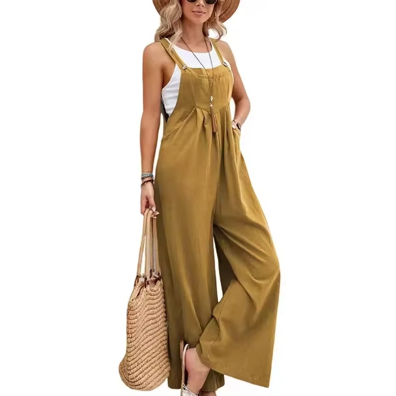 Buy Women’s Brown Linen Cotton Jumpsuit in Qatar | Loose Overalls Playsuit Women’s Brown Wide Leg Linen Cotton Jumpsuit – Buy Online in Qatar