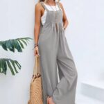 Ladies Wide Leg Dungarees Jumpsuit Linen Cotton Loose Overalls Playsuit Rompers - Gray