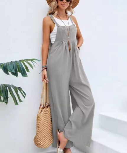 Ladies Wide Leg Dungarees Jumpsuit Linen Cotton Loose Overalls Playsuit Rompers - Gray