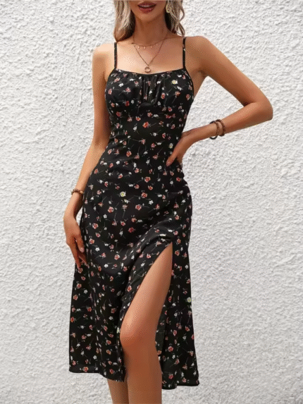 Spaghetti Straps Dress Women Fashion Polka Dot Print - Black
