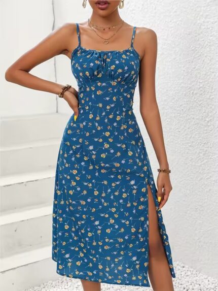 Spaghetti Straps Dress Women Fashion Polka Dot Print - Blue