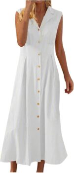Adhdyuud Women's Casual Loose Sleeveless Lapel Shirt Dress Solid V-Neck Single Breasted Office Dresses - White - Image 3