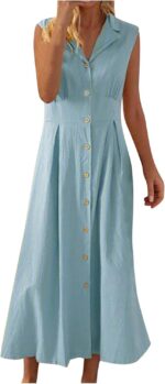 Adhdyuud Women's Casual Loose Sleeveless Lapel Shirt Dress Solid V-Neck Single Breasted Office Dresses - Blue - Image 4