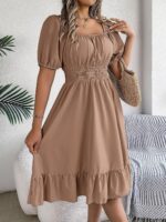 Women's Plain Square Neck Short Sleeve Flare Peplum Dress, High Waist Elegant Casual Dress - khaki