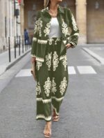 2pcs Elegant Special Set for Women with Random Print Front Button Long Sleeve Top and Pants Casual Suit - Army Green